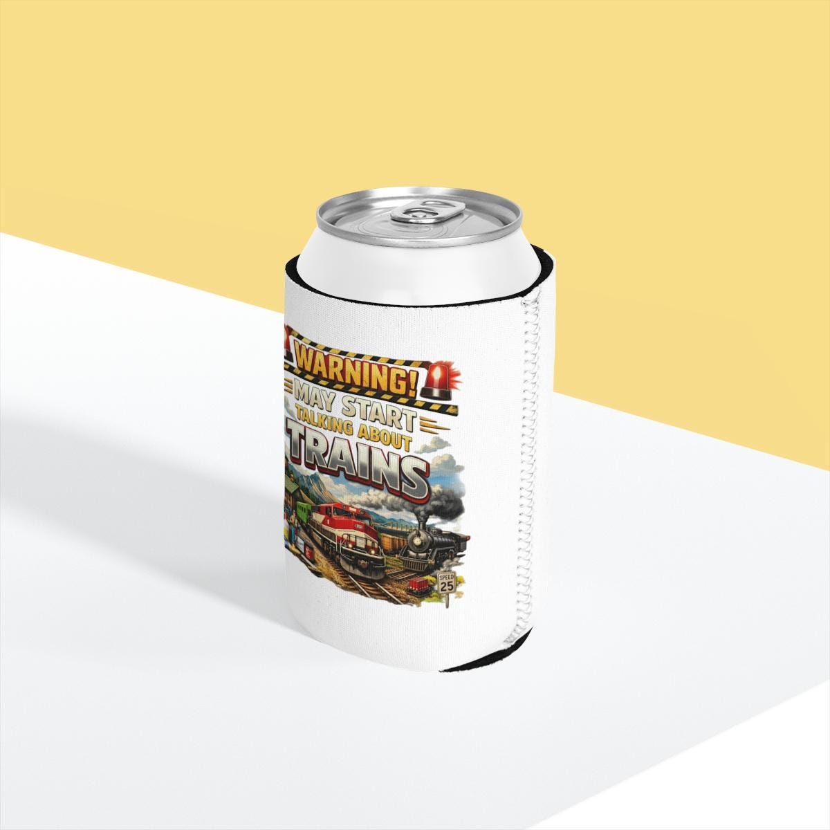 Funny Train Lover Can Cooler, Warning May Start Talking About Trains, Train Enthusiast Gift, Train Can Holder, Railfan Gift