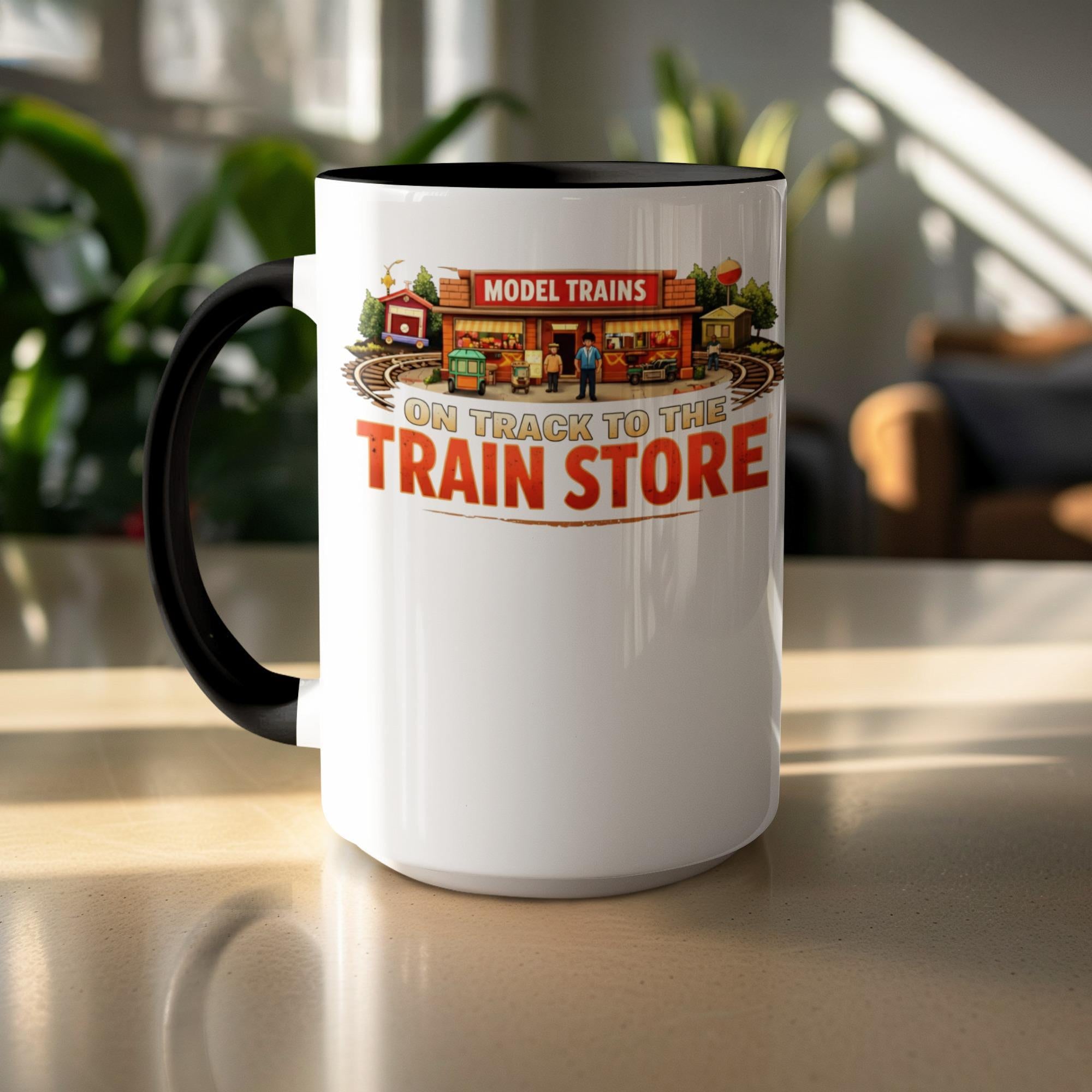 Model Trains On Track To The Train Store Mug, Gift For Train Enthusiast, Train Lovers Coffee Mug, Railroad Hobby Mug, Train Store Mug