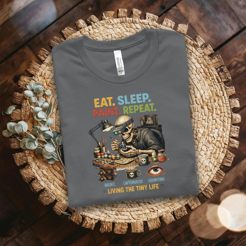 Eat Sleep Paint Repeat Shirt, Artist Gift, Fun Graphic Tee, Miniature Painter T-shirt, Vintage Style Art Lover, Funny Skeleton Shirt