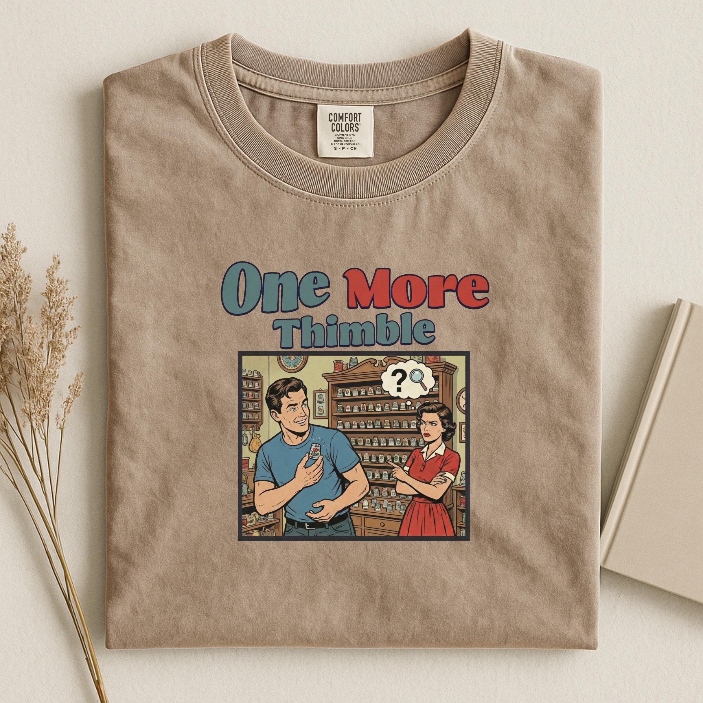 Retro Thimble Lover Graphic Tee, Funny Sewing Shirt, Vintage Comic Style Top, Unique Gift for Crafters, Unisex Casual T-Shirt
