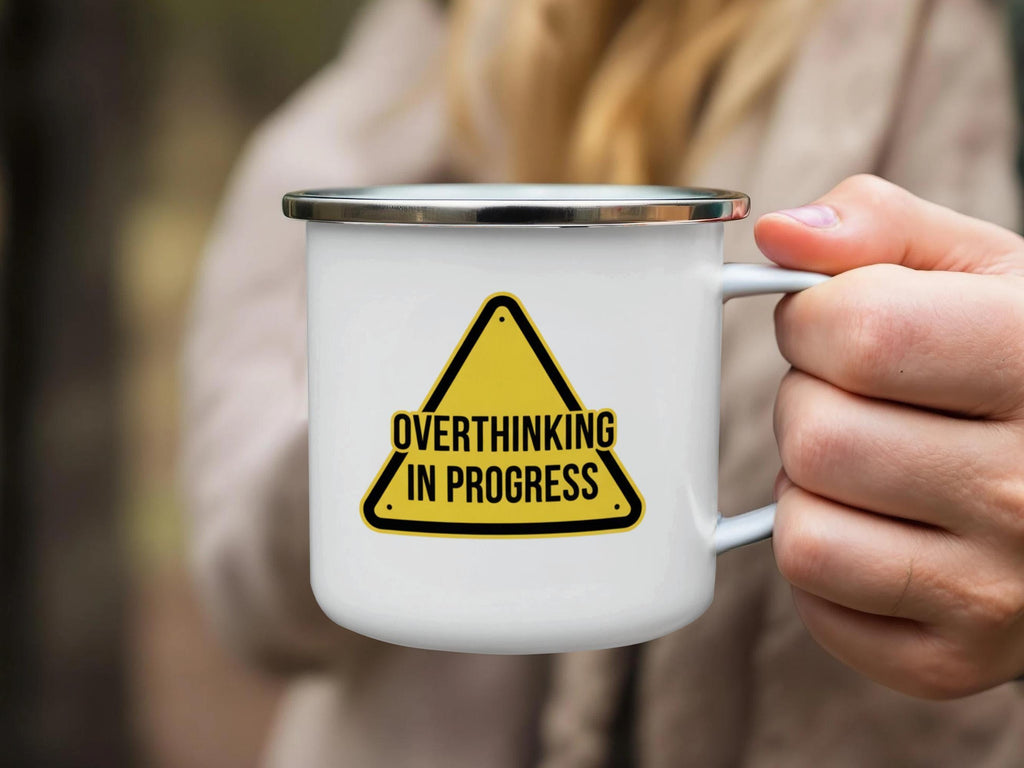 Funny Overthinking In Progress Mug, Sarcastic Enamel Coffee Cup, Humorous Warning Sign Gift, Unique Office Desk Decor