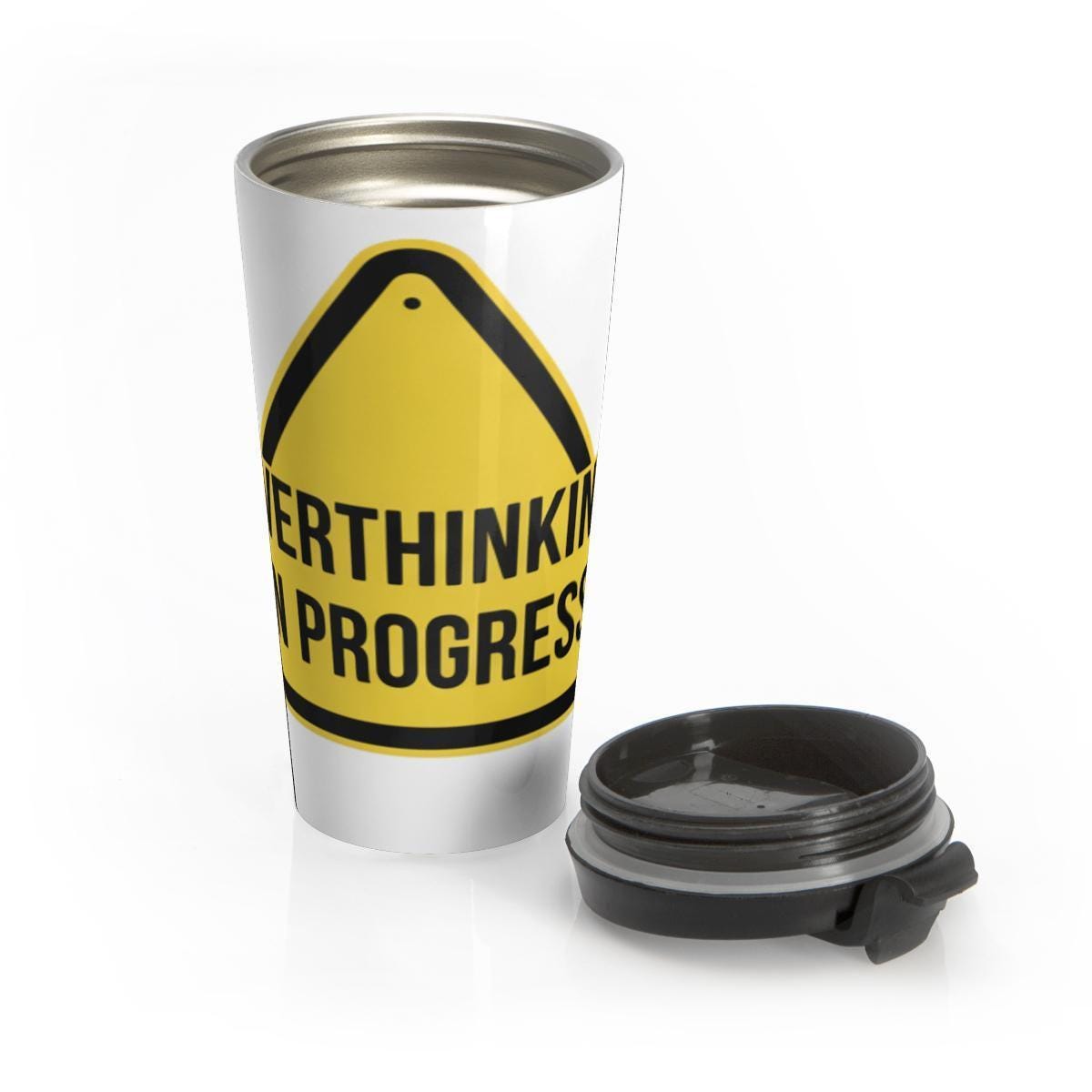 Funny Travel Mug Overthinking In Progress, Unique Gift Idea, Coffee Lover Gift, Reusable Coffee Cup for Commuters, Eco-Friendly Flask