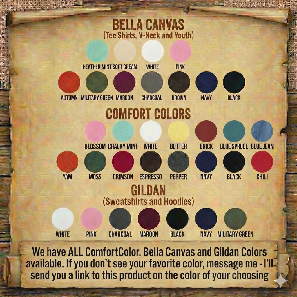 The image is a poster displaying a variety of colors available for purchase, including Bella Canvas and Gildan colors. It lists the available colors for each type of product, such as tee shirts, v-neck, and youth. The poster also provides a message that the colors are available for all comfort, and encourages customers to send a link to the product if they don't see their preferred color.