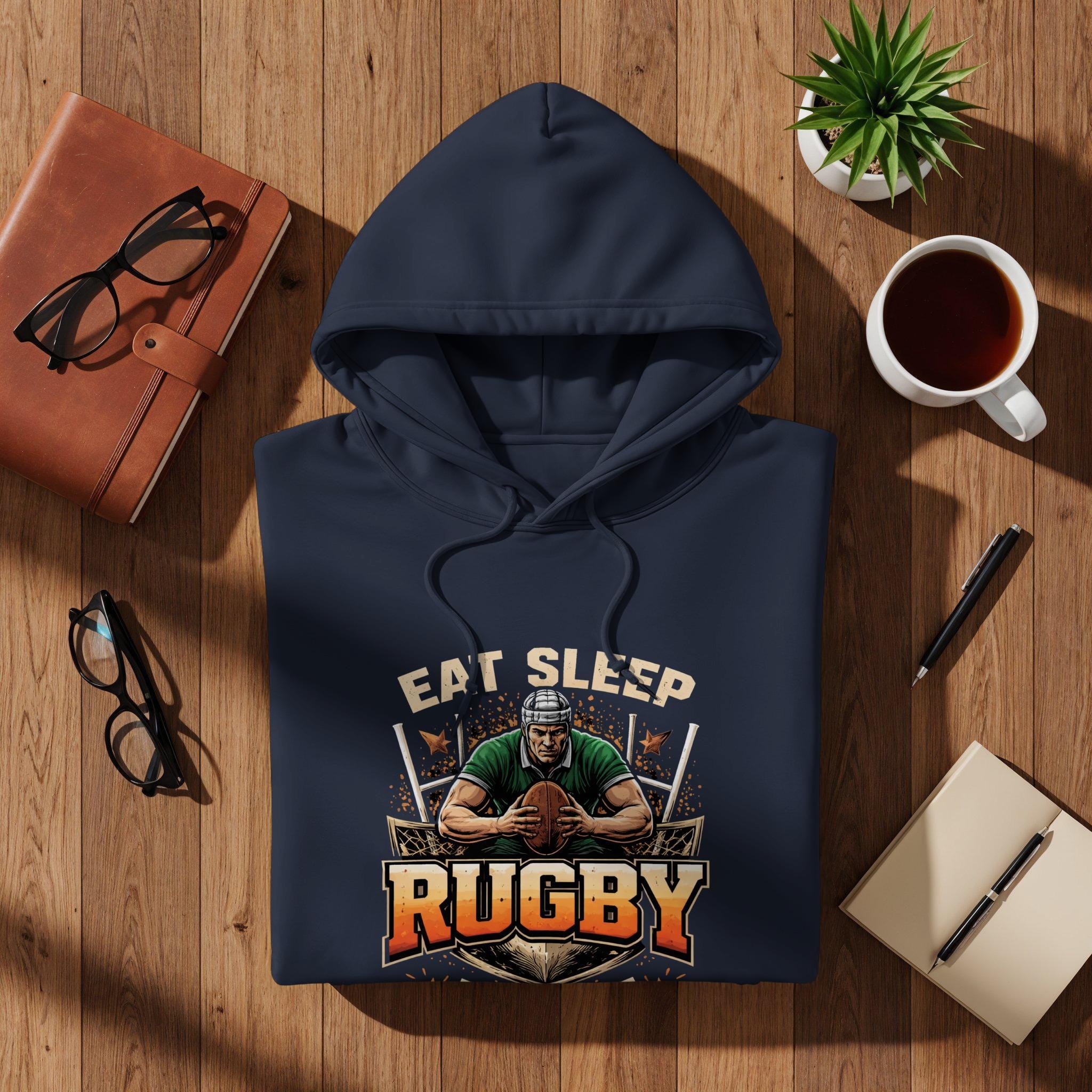 Eat Sleep Rugby Hoodie, Rugby Player Hooded Sweatshirt, Sports Fan Gift, Rugby Enthusiast Apparel, Game Day Clothing, Athletic Wear