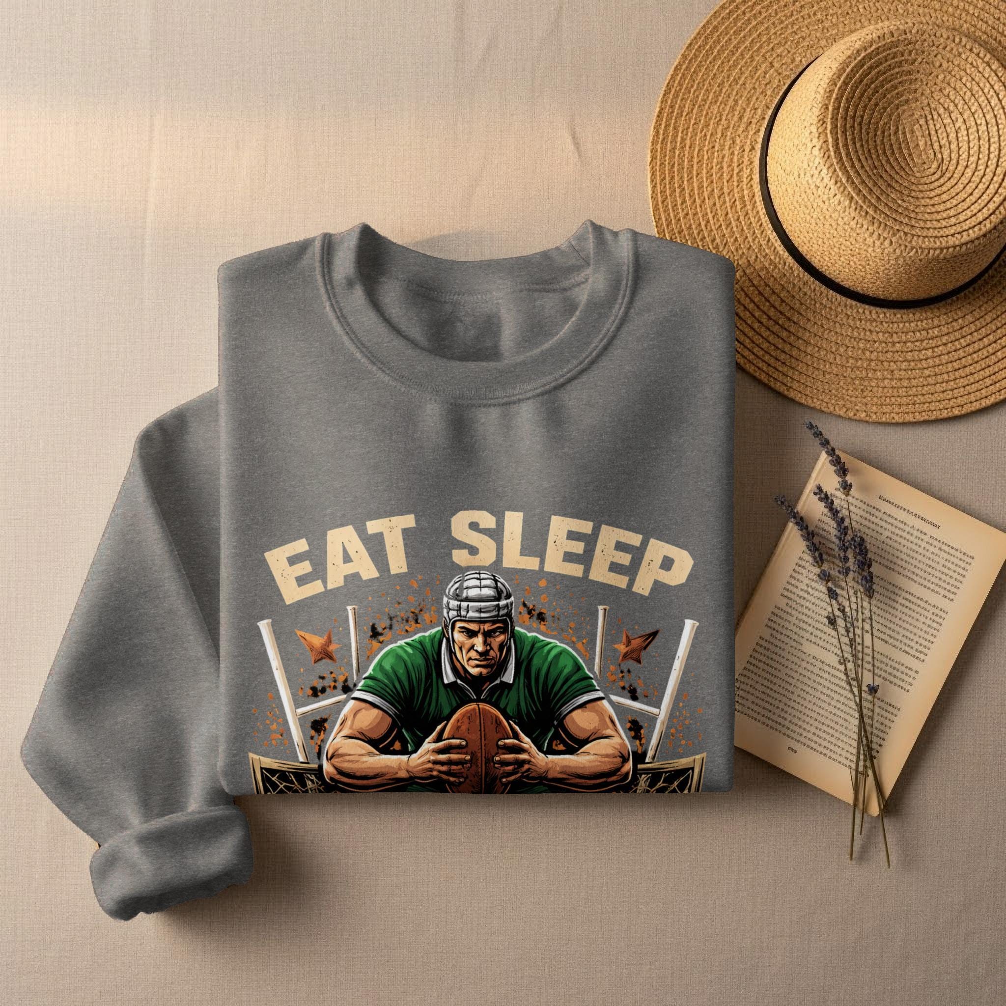 Eat Sleep Rugby Sweatshirt, Football Themed Crewneck Pullover, Sports Apparel Gift for Him, Unique Sports Lover Clothing, Cozy Casual Top