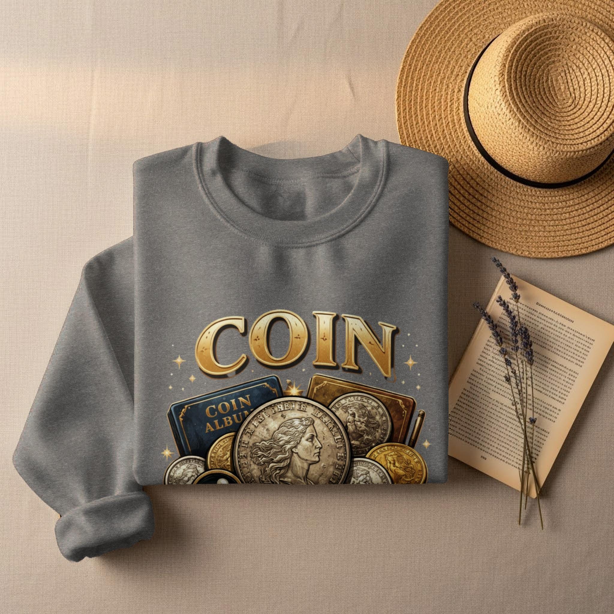 Coin Collector Sweatshirt, Vintage Coin Album Graphic Pullover, Retro Coin Enthusiast Gift, Unique Numismatist Apparel