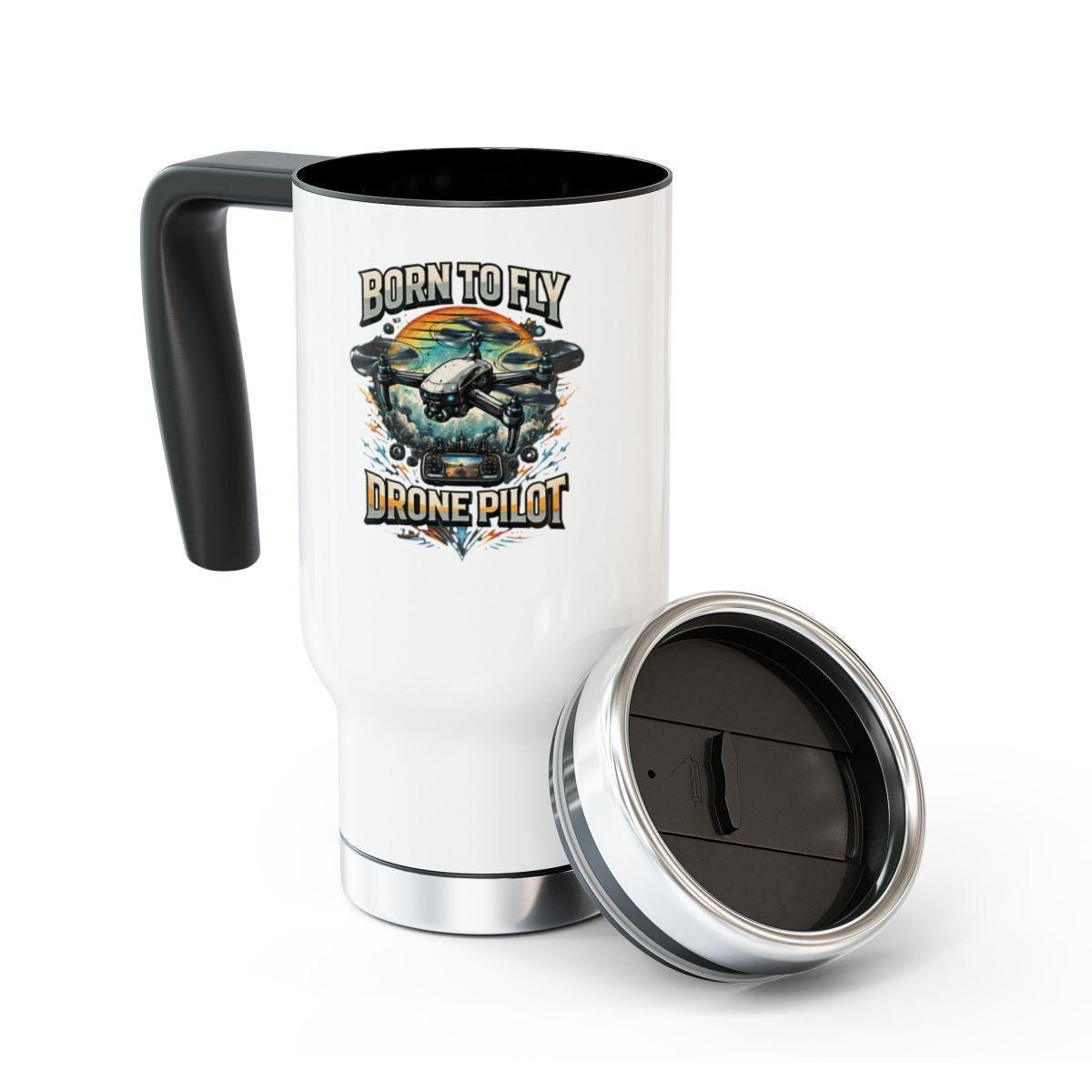 Born To Fly Drone Pilot Travel Mug, Aviation Gift, Drone Enthusiast Coffee Tumbler, Unique Pilot Mug, Drone Lover Accessory