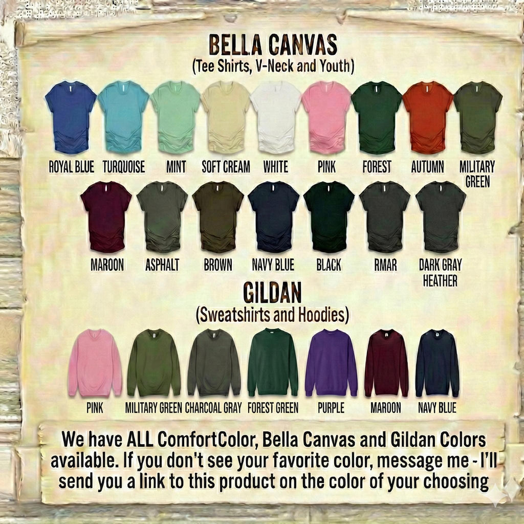 a collection of t-shirt designs in various colors, including navy blue, green, brown, black, and red, as well as a gildan (sweatshirt and hoodie) in different colors.