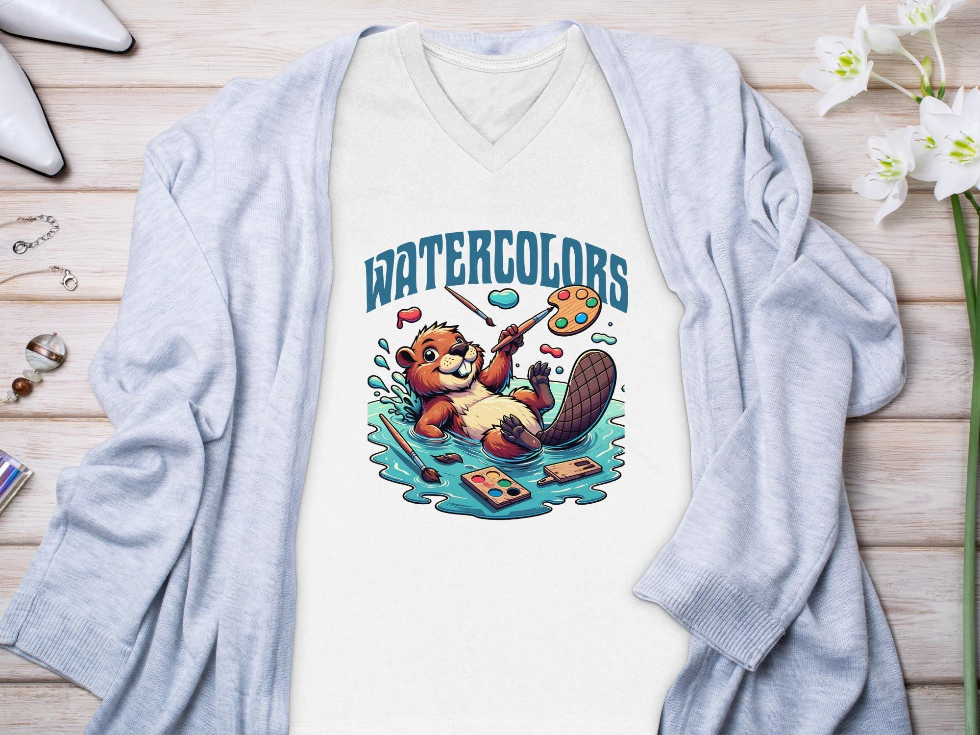 Cute Beaver Watercolor Art T-Shirt, Funny Animal Painting Graphic Tee, Artistic Beaver Lover Gift, Unique Artist Shirt for Art Enthusiasts