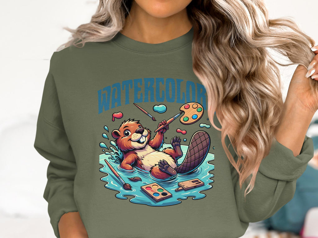 Cute Beaver Painting Sweatshirt, Watercolor Artist Sweatshirt, Fun Animal Art Sweatshirt, Cute Graphic Pullover for Art Lovers