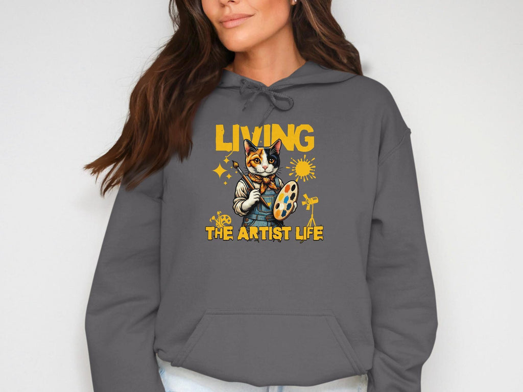Cat Artist Hoodie, Living The Artist Life Sweatshirt, Cute Cat Graphic Pullover, Artistic Cat Lover Gift, Cozy Grey Hoodie