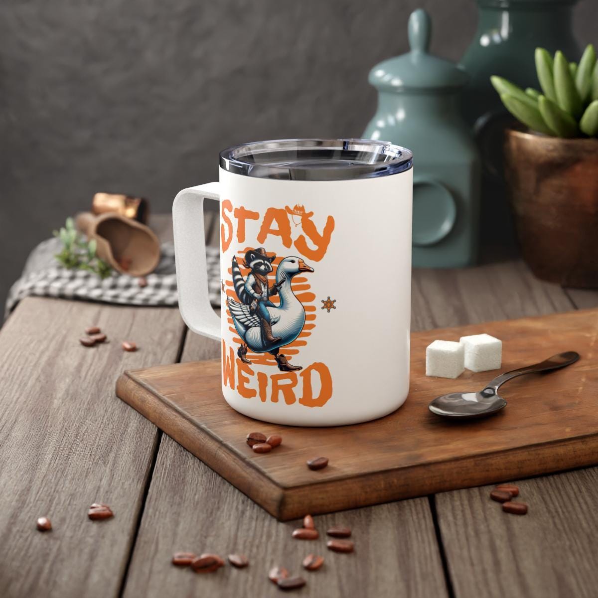 Funny Stay Weird Mug, Raccoon Riding Goose, Quirky Coffee Cup, Unique Gift Idea, Humorous Office Mug, Animal Themed Drinkware