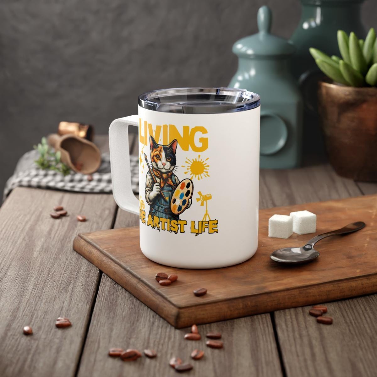 Living The Artist Life Mug, Funny Cat Mug, Artist Gift, Painter Coffee Mug, Unique Coffee Cup, Art Lover Gift, Art Studio Decor