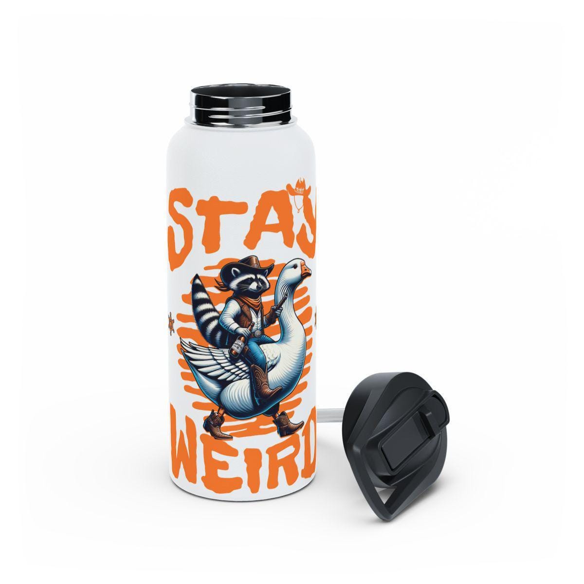 Funny Raccoon Stay Weird Water Bottle, Unique Design Travel Flask, Cute Animal Drinkware, Insulated Adventure Bottle, Gift for Friends