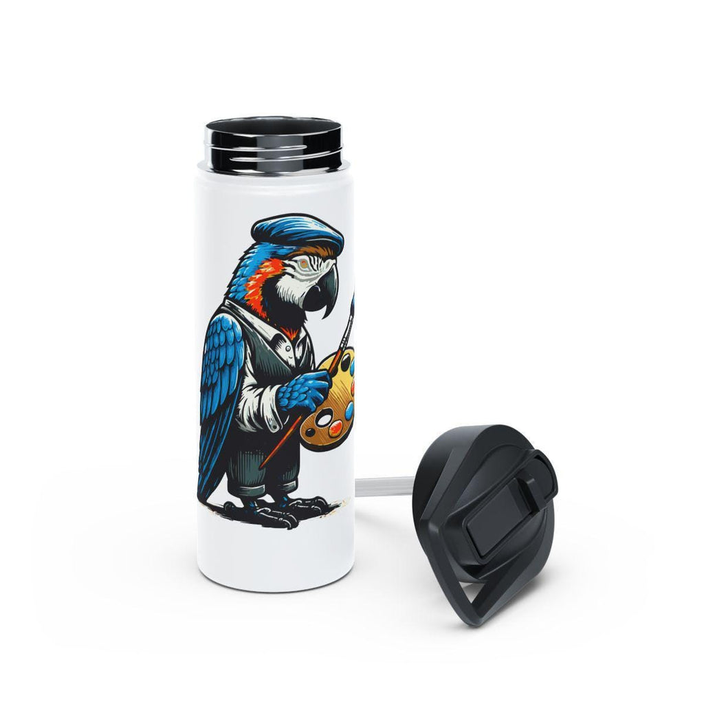 Parrot Artist Stainless Steel Travel Mug with Lid, Insulated Water Bottle, Unique Parrot Art, Painter Parrot Thermos Flask