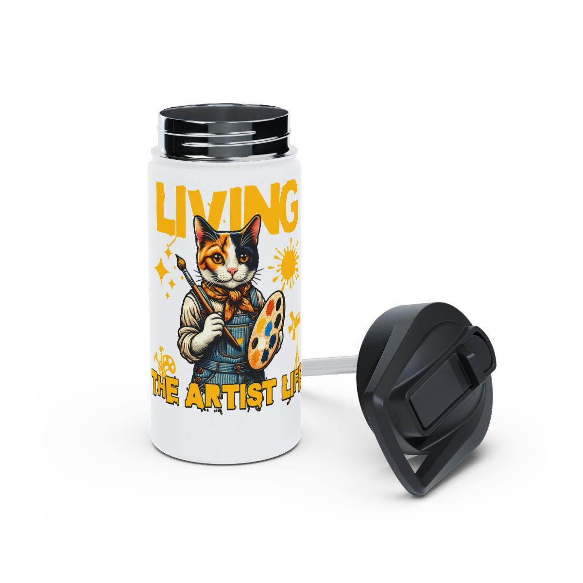 Living The Artist Life Cat Water Bottle, Cute Artistic Cat Drinkware, Funny Cat Lover Gift, Artist Cat Tumbler, Unique Cat Art Flask