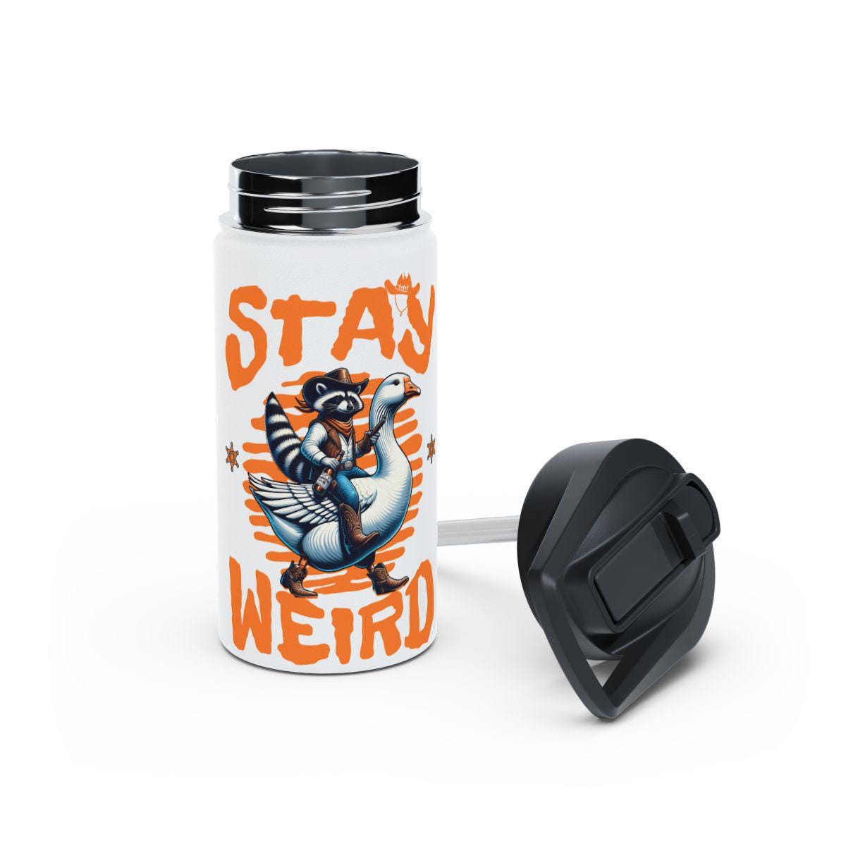 Stay Weird Insulated Water Bottle, Funny Racoon Riding Goose Design, Unique Travel Mug, Quirky Animal Artwork Cup, Gift for Teens
