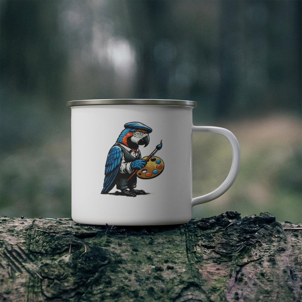 Cute Parrot Artist Design Enamel Mug, Unique Bird Lover Gift, Artistic Camping Mug, Fun Coffee Cup for Art Enthusiasts, Nature Mug