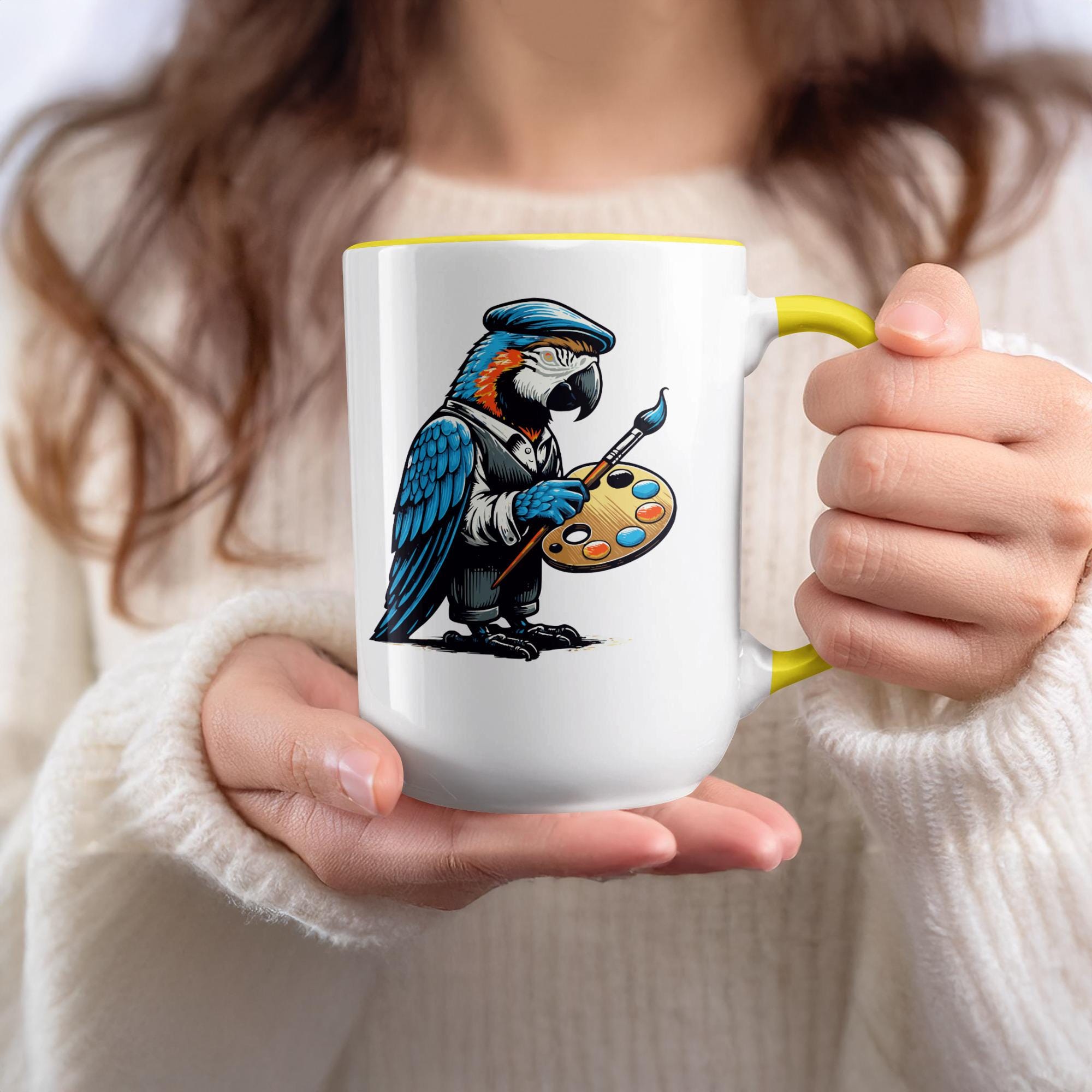 Artistic Parrot Mug, Painter Bird Coffee Cup, Unique Animal Art Drinkware, Colorful Bird Illustration, Artistic Gift for Coffee Lovers