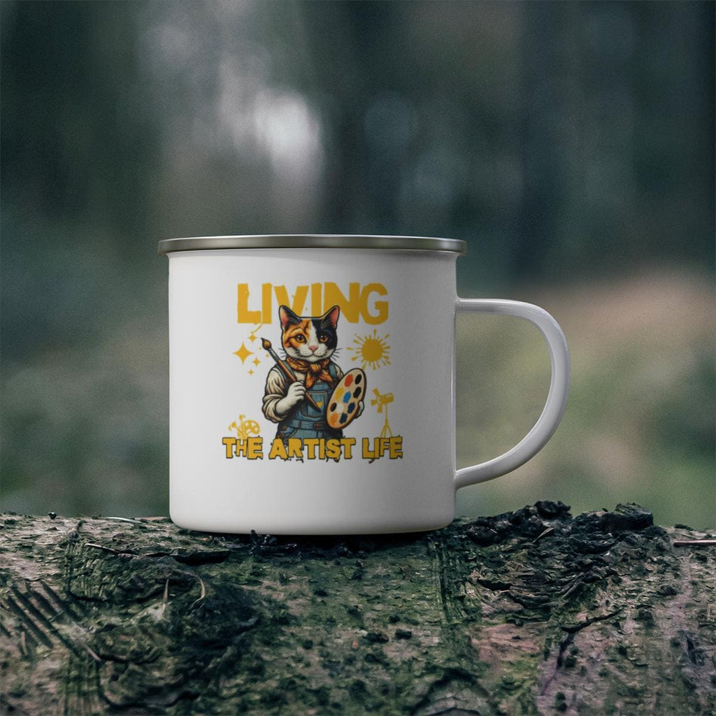 Living The Artist Life Cat Mug, Funny Cat Art Lover Gift, Cute Cat Painter Coffee Cup, Unique Cat Illustration Camp Mug