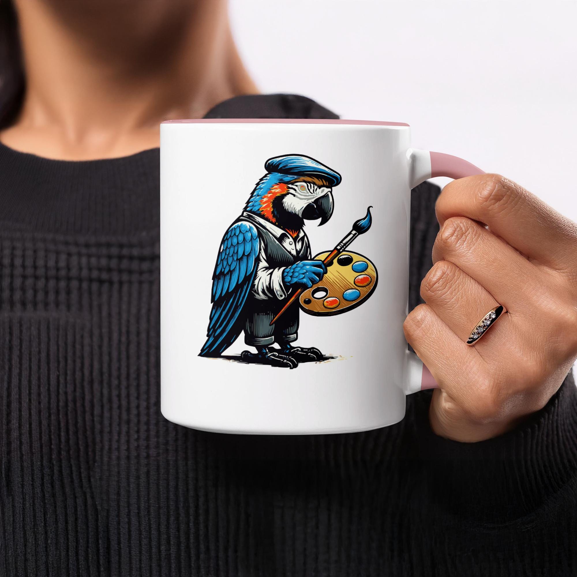 Artistic Parrot Coffee Mug, Cute Bird Painter Design, Unique Animal Lover Gift, Fun Artistic Mug, Colorful Bird Art, Creative Coffee Cup