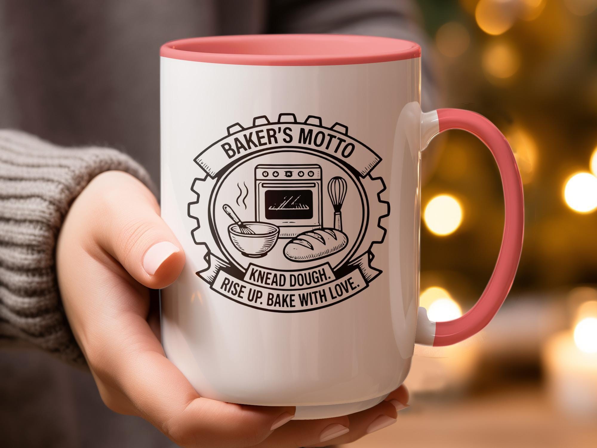 Bakers Motto Mug, Knead Dough Rise Up Bake with Love, Baking Gift, Oven Mixer Bread Design, Cute Kitchen Decor, Pink Handle Cup