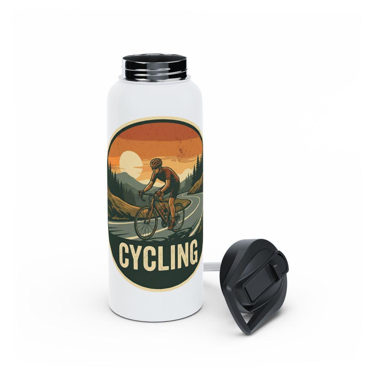 Cycling Water Bottle, Vintage Sunset Cyclist Thermos, 18oz Sports Flask for Bike Lovers, Insulated Drink Container, Outdoor Adventure