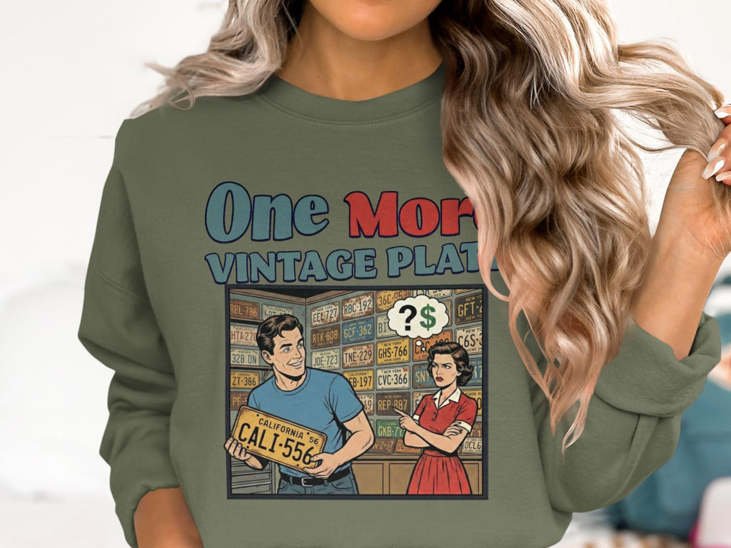 Funny Graphic Sweatshirt, Retro Comic Style Crewneck, One More Vintage Plate Print, Green Oversized Pullover, Unisex Casual Top