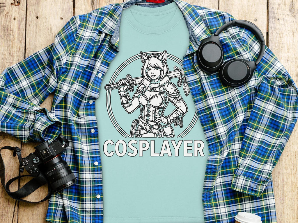 Cosplayer T-Shirt, Anime Girl Tee, Manga Style Top, Sword Design Clothing, Gift for Cosplay Fans