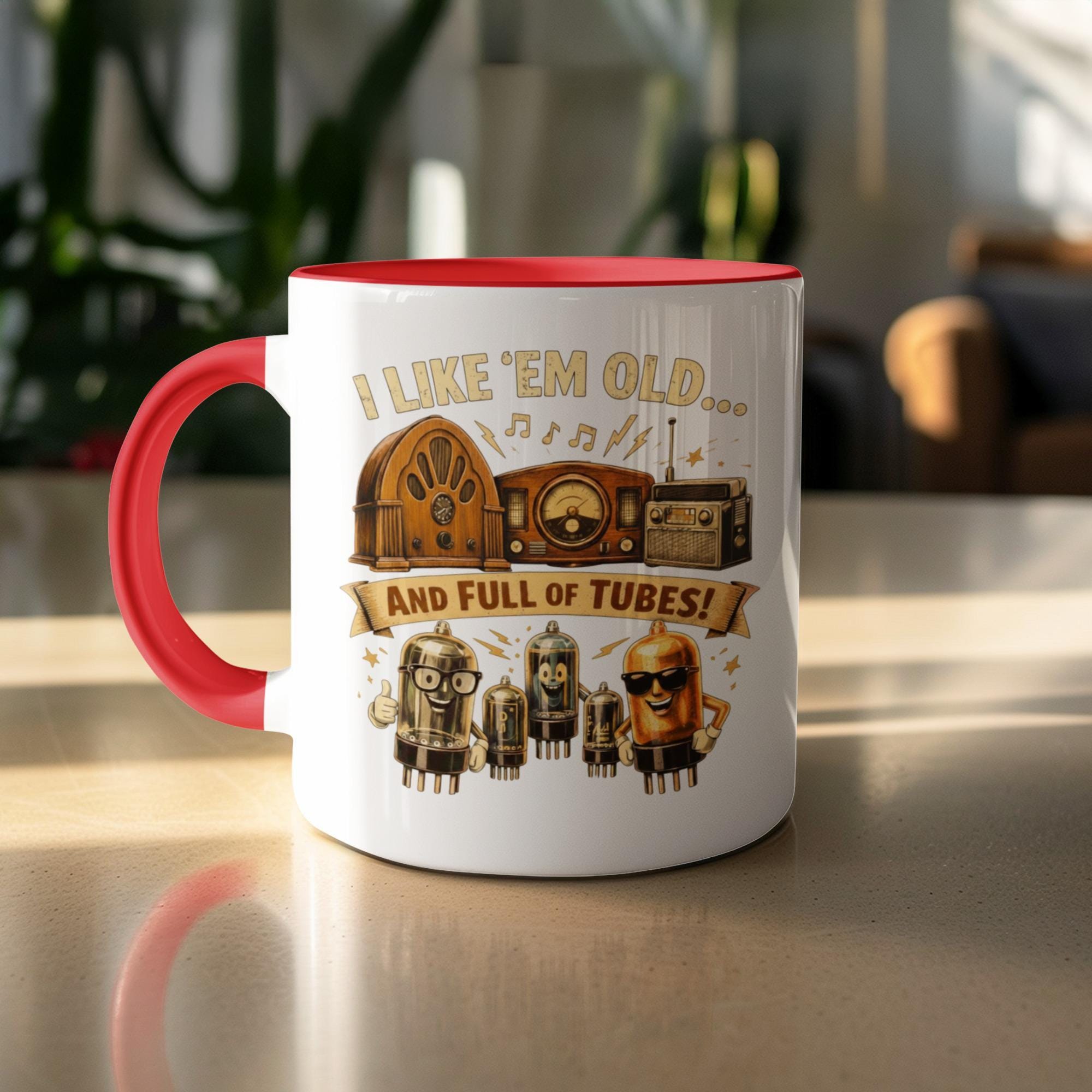 Retro Tube Radio Mug, Funny Vintage Style Coffee Cup, I Like 'Em Old, Full of Tubes, Gift for Music Lovers, Unique Mug for Work
