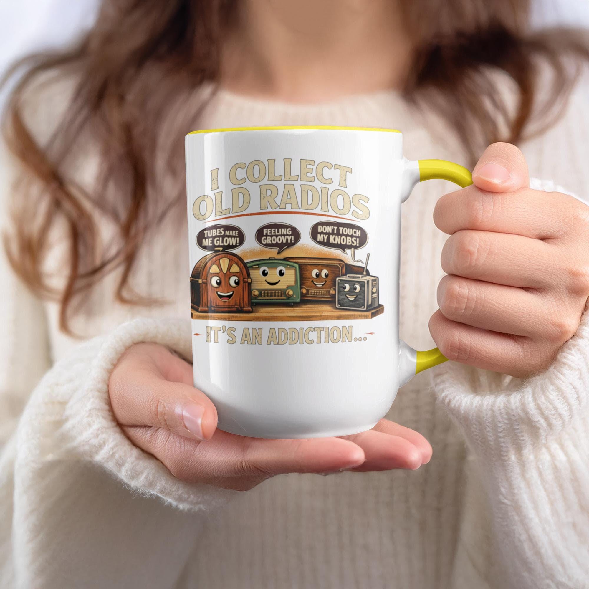 Funny radio enthusiast mug, I collect old radios addiction mug, retro radio humor coffee cup, vintage radio lover gift