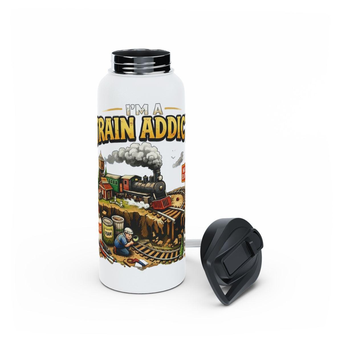 Train Addict Stainless Steel Water Bottle, Vintage Train Design Water Bottle, Insulated Thermos, Gift for Train Enthusiast