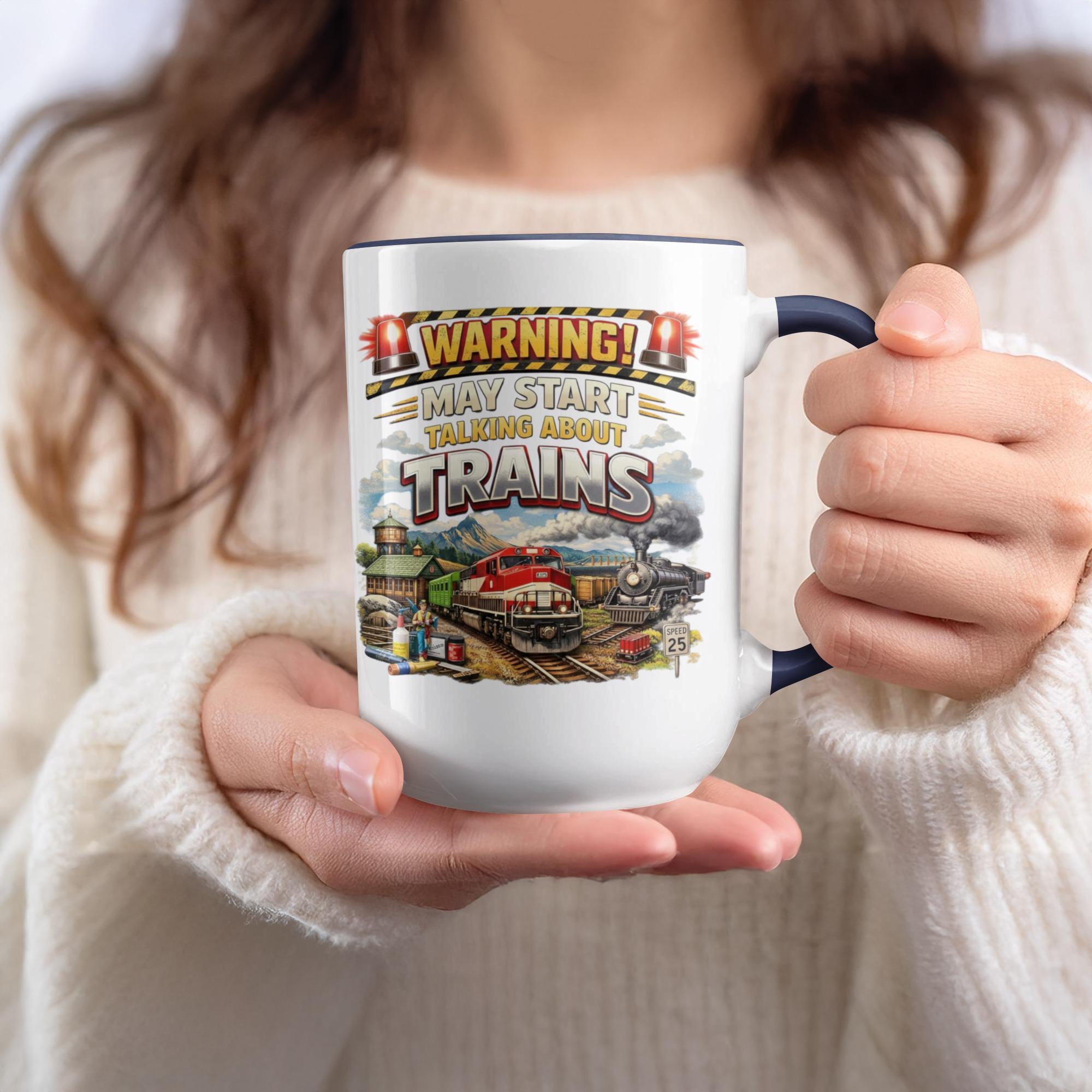 Train Enthusiast Mug, Warning May Start Talking About Trains Coffee Cup, Perfect Gift for Train Lovers, Ceramic Railway Hobby Mug