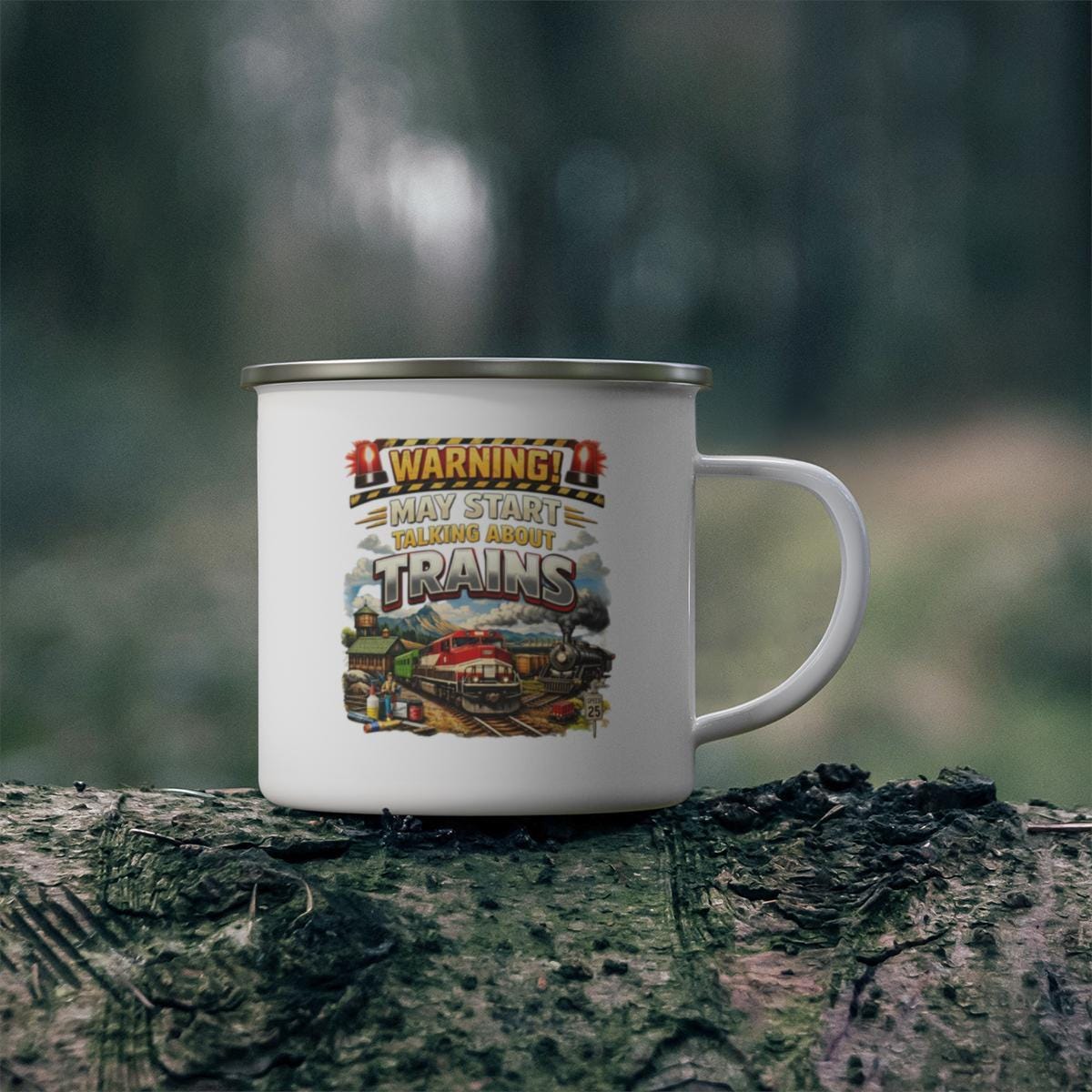 Warning May Start Talking About Trains Mug, Train Enthusiast Gift, Railroad Lover Present, Unique Train Collector Cup, Camping Mug