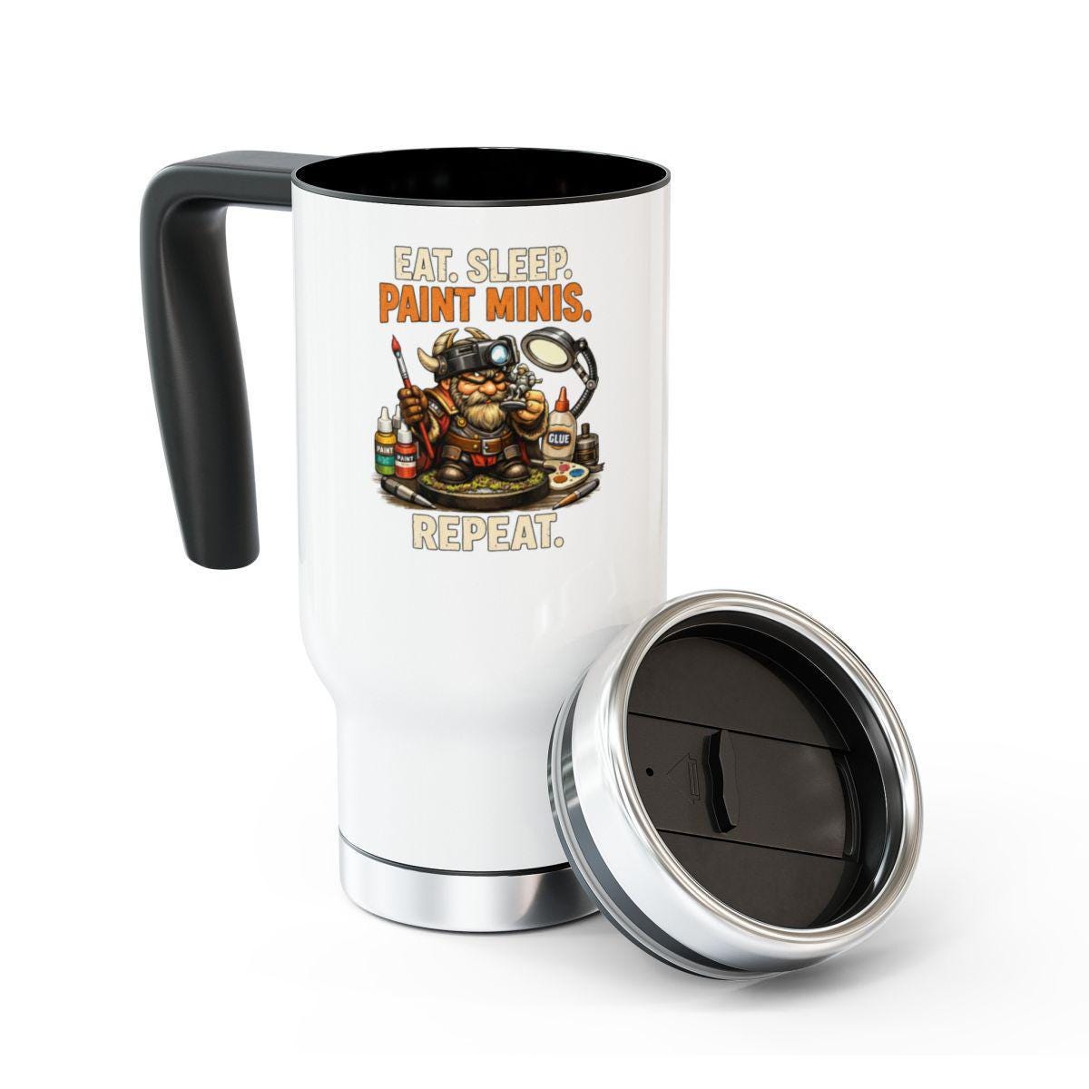 Eat Sleep Paint Minis Repeat Travel Mug, Gaming Hobby Mug, Painter Gift, Portable Coffee Thermos, Warhammer Enthusiast Cup