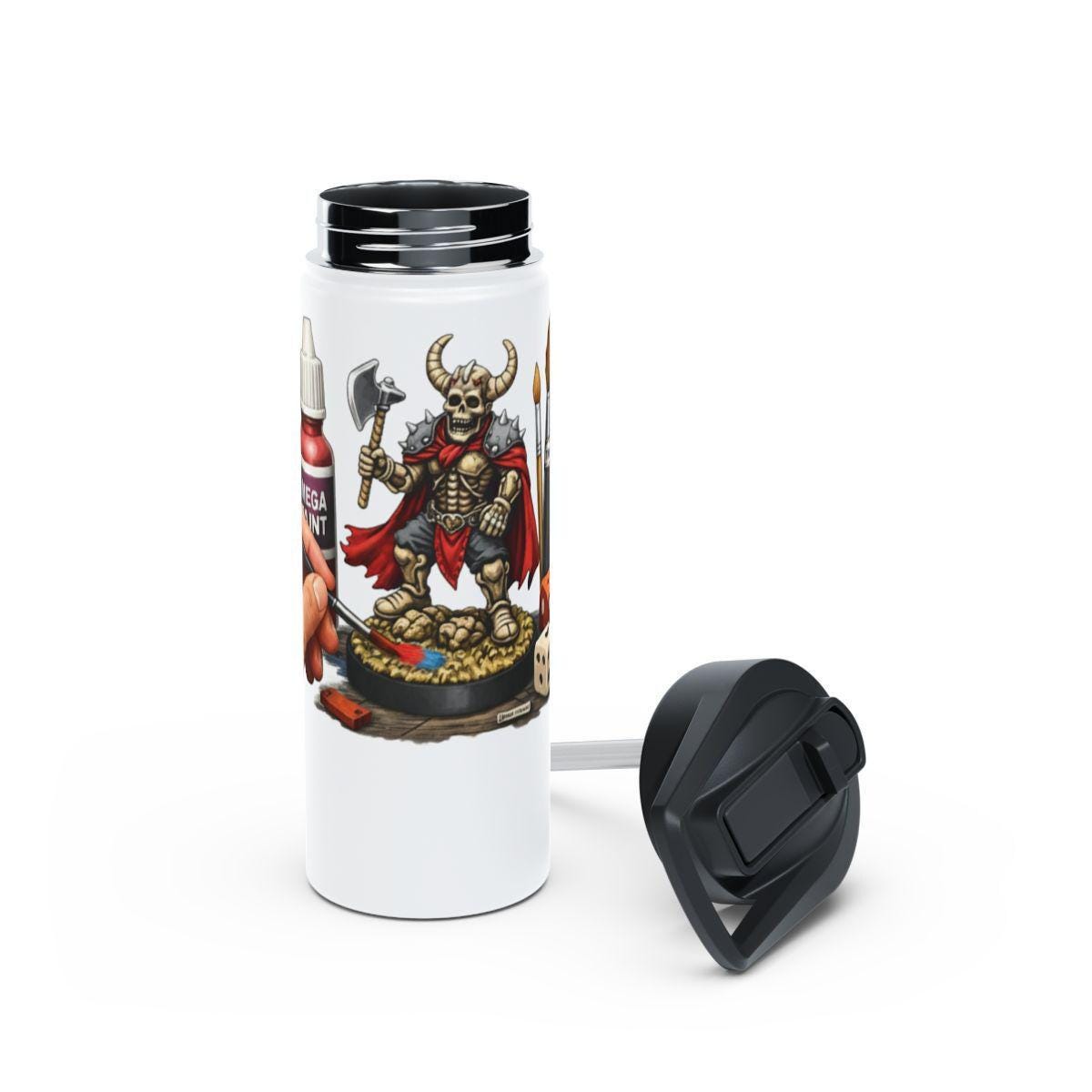 Fantasy Wargaming Miniature Art Water Bottle, Unique Viking Skull Warrior Design Flask, Geeky Tabletop Game Accessory, RPG Gift Idea