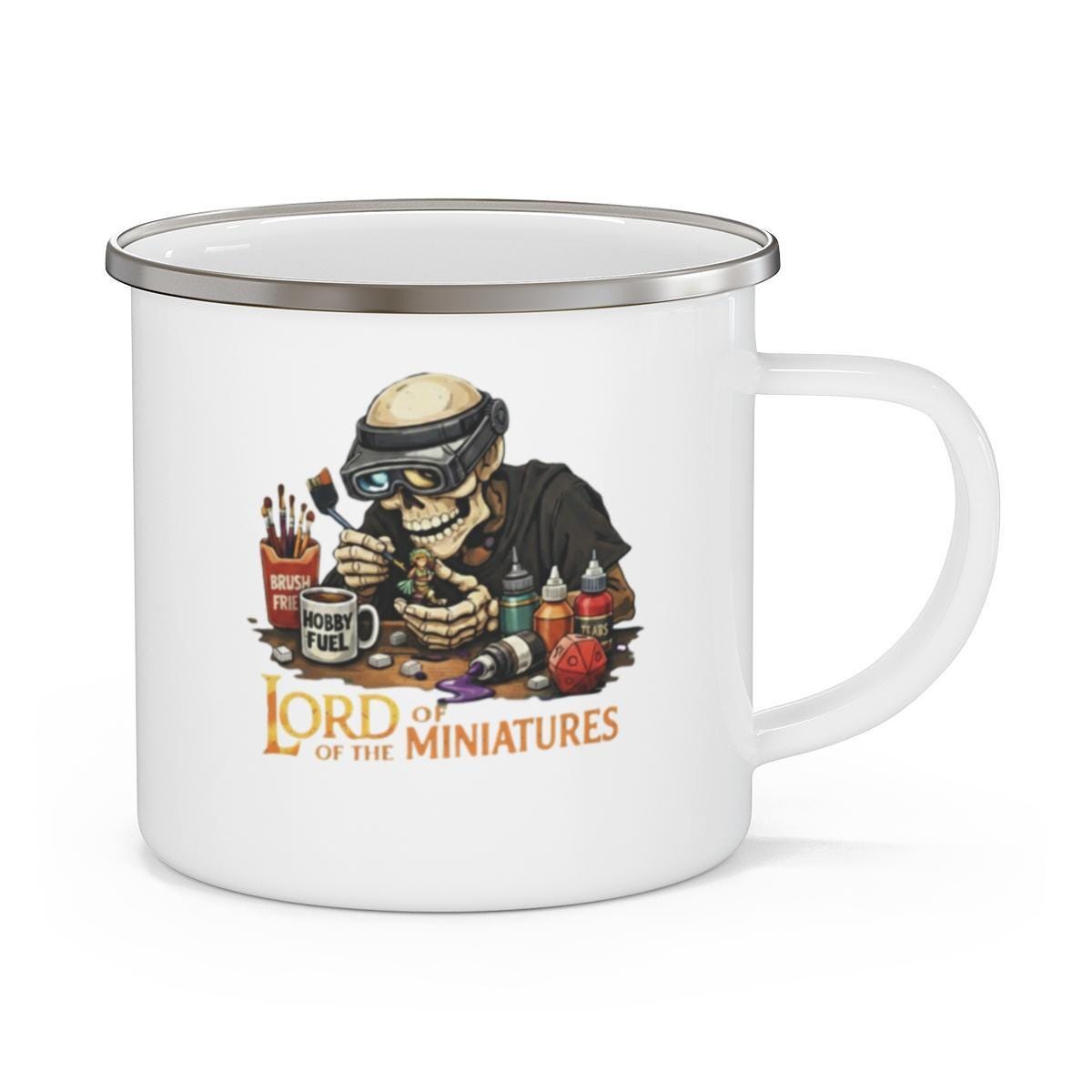 Lord of the Miniatures Mug, Funny Skeleton Hobby Mug, Miniature Painter Gift, Unique Enamel Coffee Cup, Gift for Tabletop Gamers