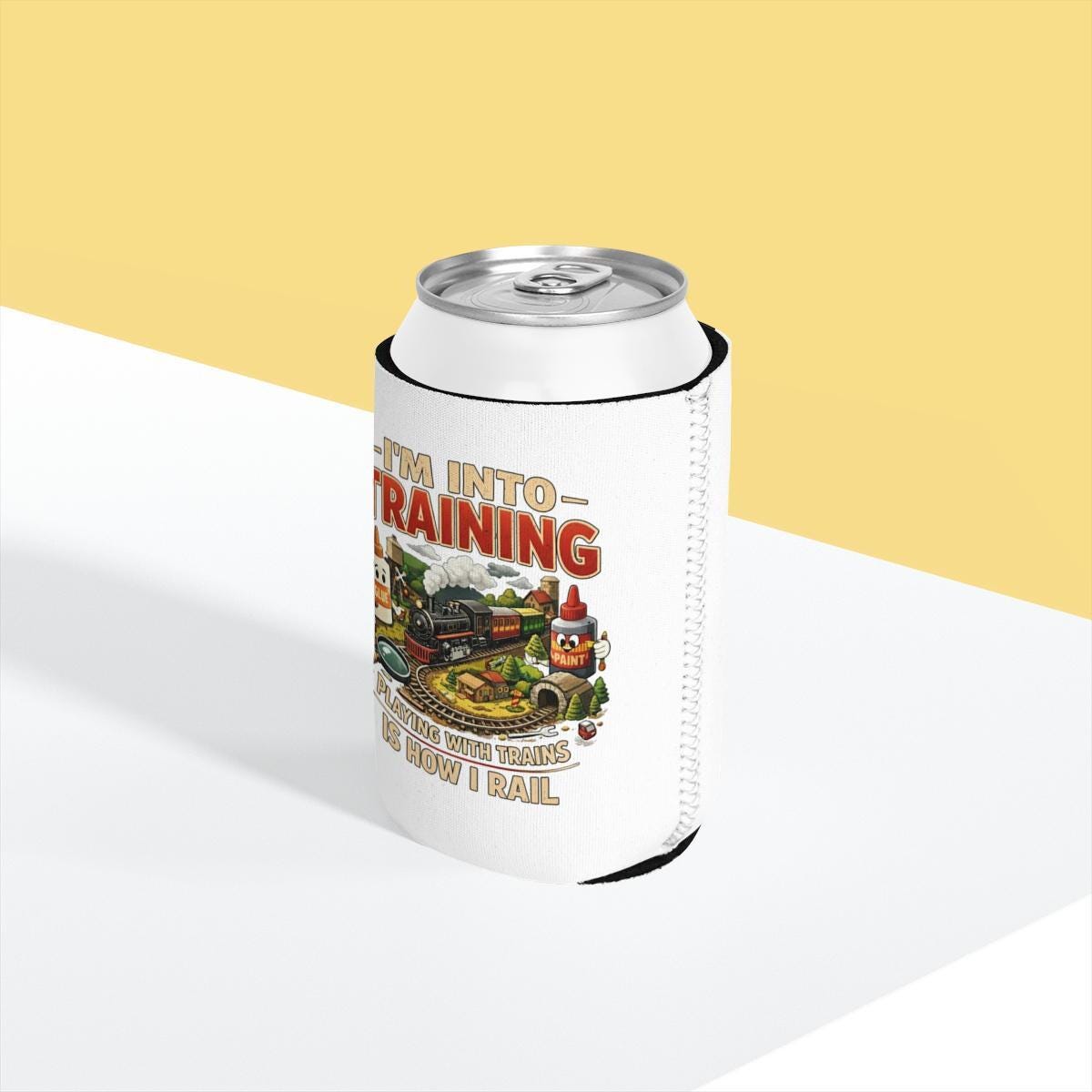 Can Cooler Sleeve Im Into Training Design, Playing With Trains Fun Gift, Train Enthusiast Drink Holder, Retro Railroad Art