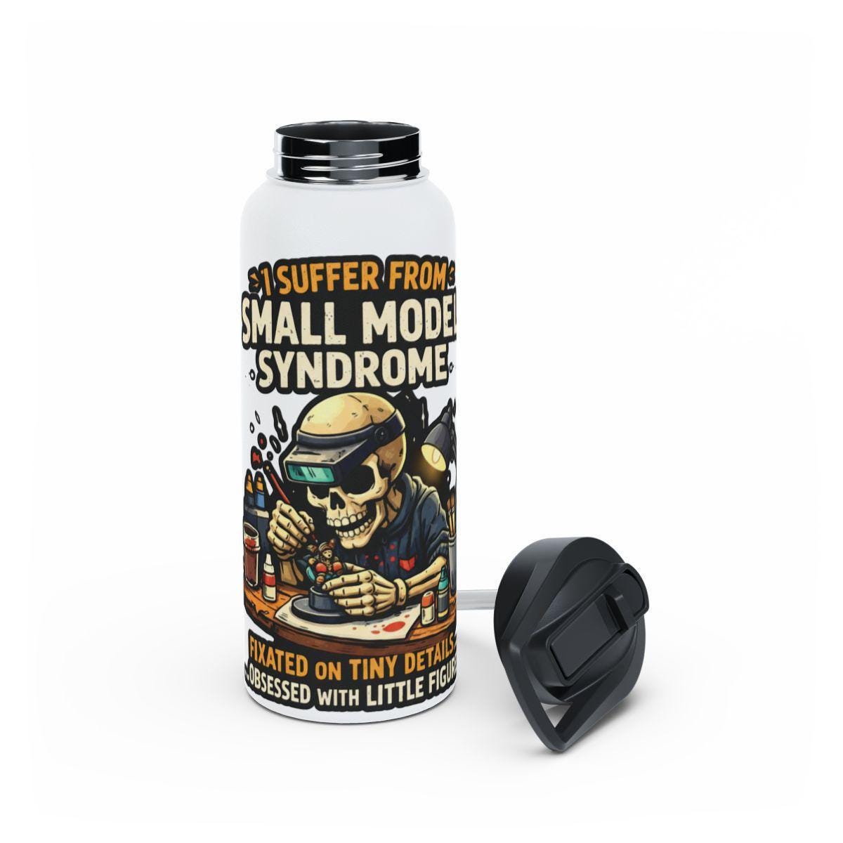 Small Model Syndrome Funny Skeleton Water Bottle, Unique Hobbyist Gift, Obsessive Details Throwback Flask, Gamer Hydration Flask