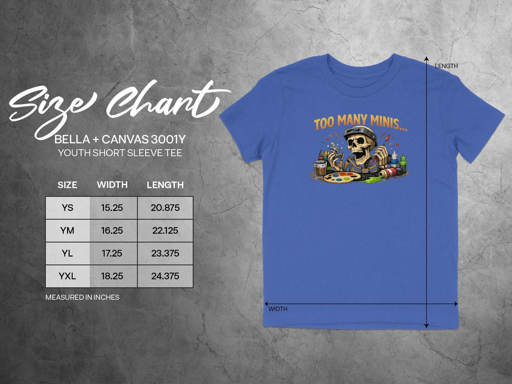 Too Many Minis graphic tee, youth short sleeve shirt, funny skeleton tshirt, gamer gift, kids gaming shirt, art enthusiast gift