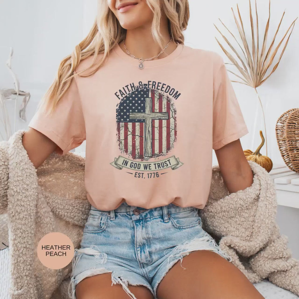 Faith Freedom Patriotic Tee: Vintage 1776 USA Cotton Shirt, Retro American Pride Top Faith & Freedom