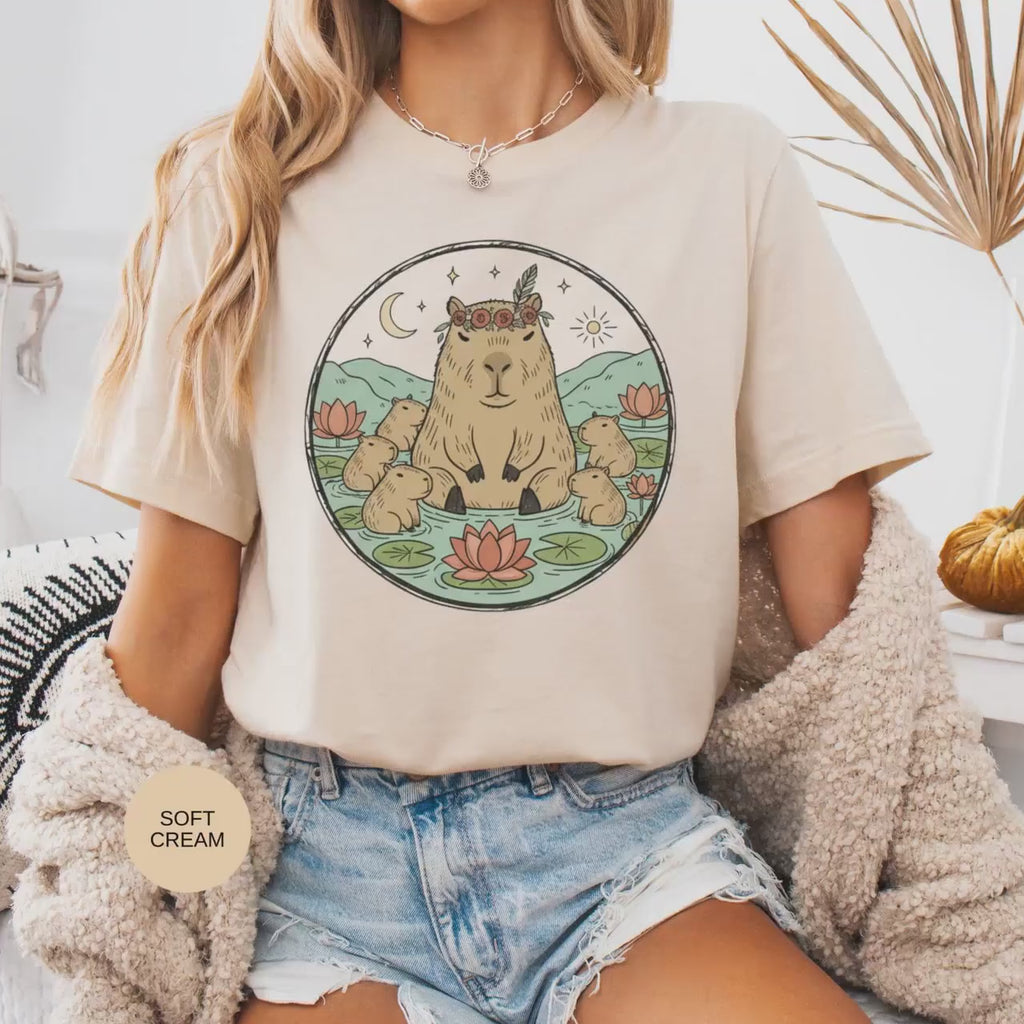 Capybara T-Shirt, Cute Animal Tee, Rodent Shirt, Floral Crown Tee, Nature Lover Gift, Kawaii T-Shirt, Capybara Family Tee, Lily Pads T-Shirt