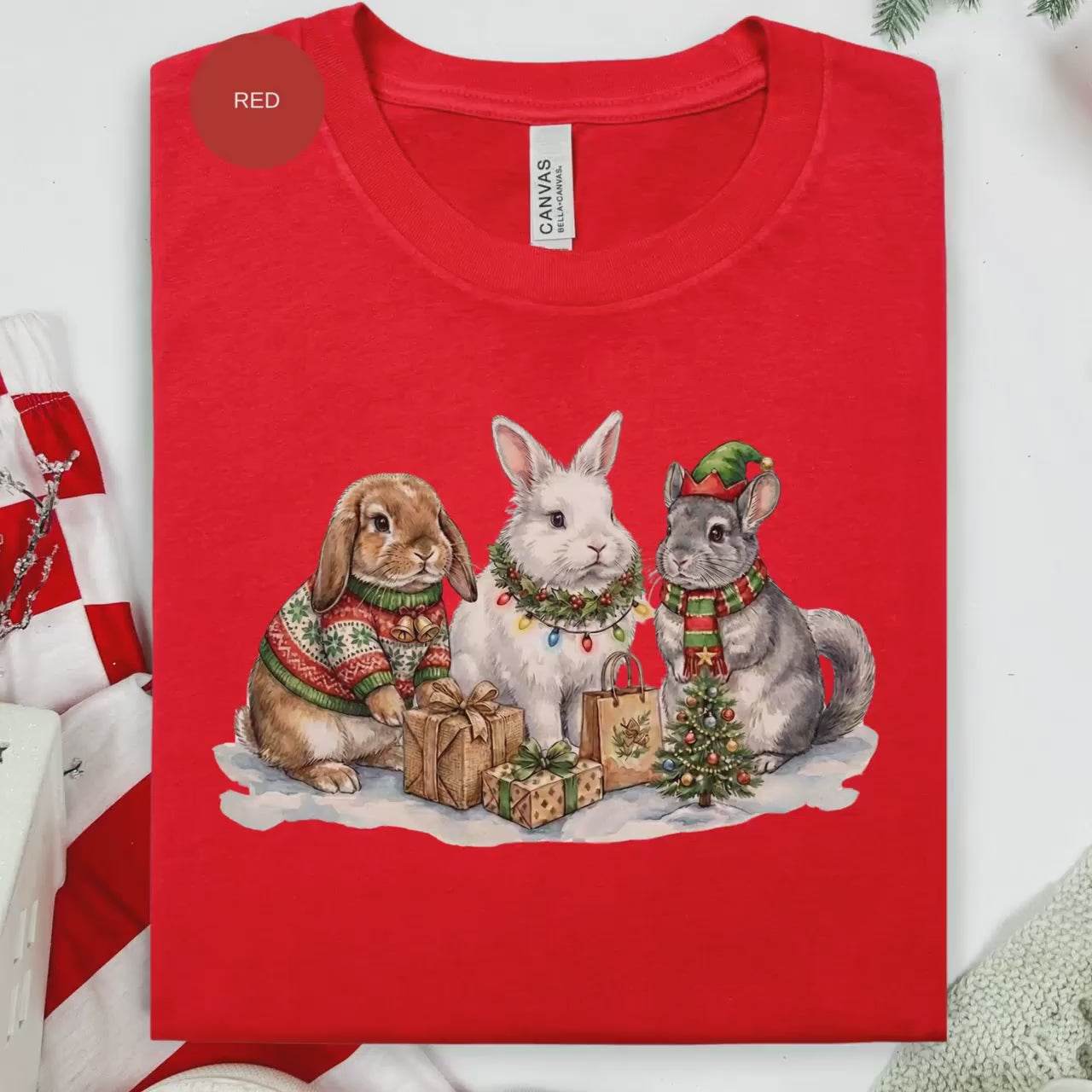 Christmas Bunnies T-Shirt, Holiday Animals Tee, Cute Winter Shirt, Christmas Gift for Bunny Lover, Holiday Apparel for Women, Christmas Tops