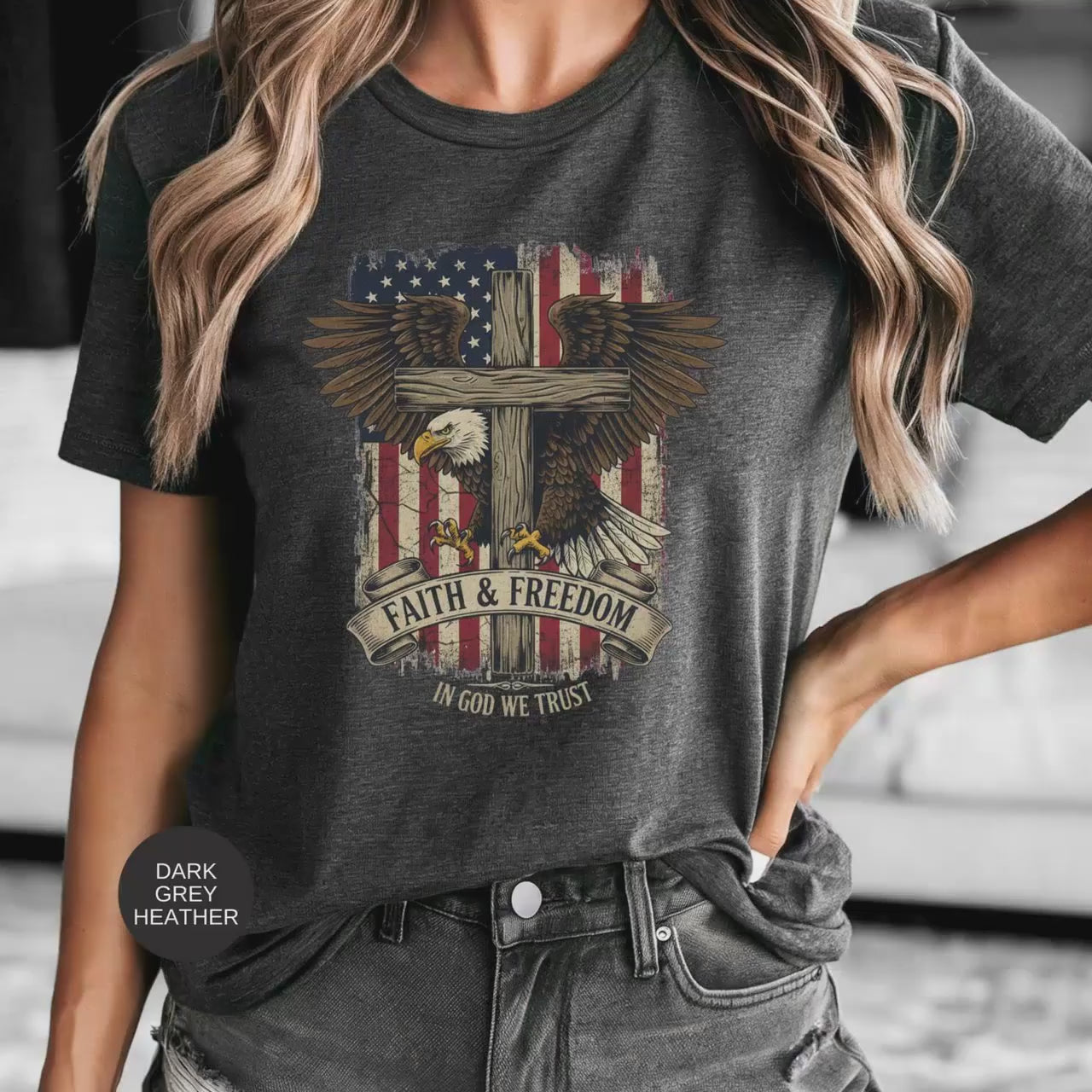 Faith and Freedom T-Shirt, Inspirational Christian Quote Tee, Patriotic Apparel with Eagle Cross, USA Flag Design, Believers Gift