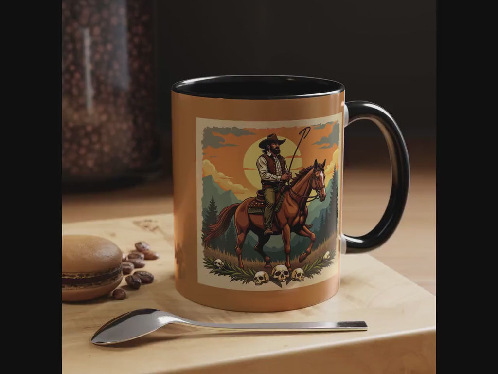 Cowboy Rider Mug, Western Art Mug, Horse Lover Gift, Skull Accent Mug, Unique Coffee Cup, Wild West Design Mug, Rider Coffee Mug, Western