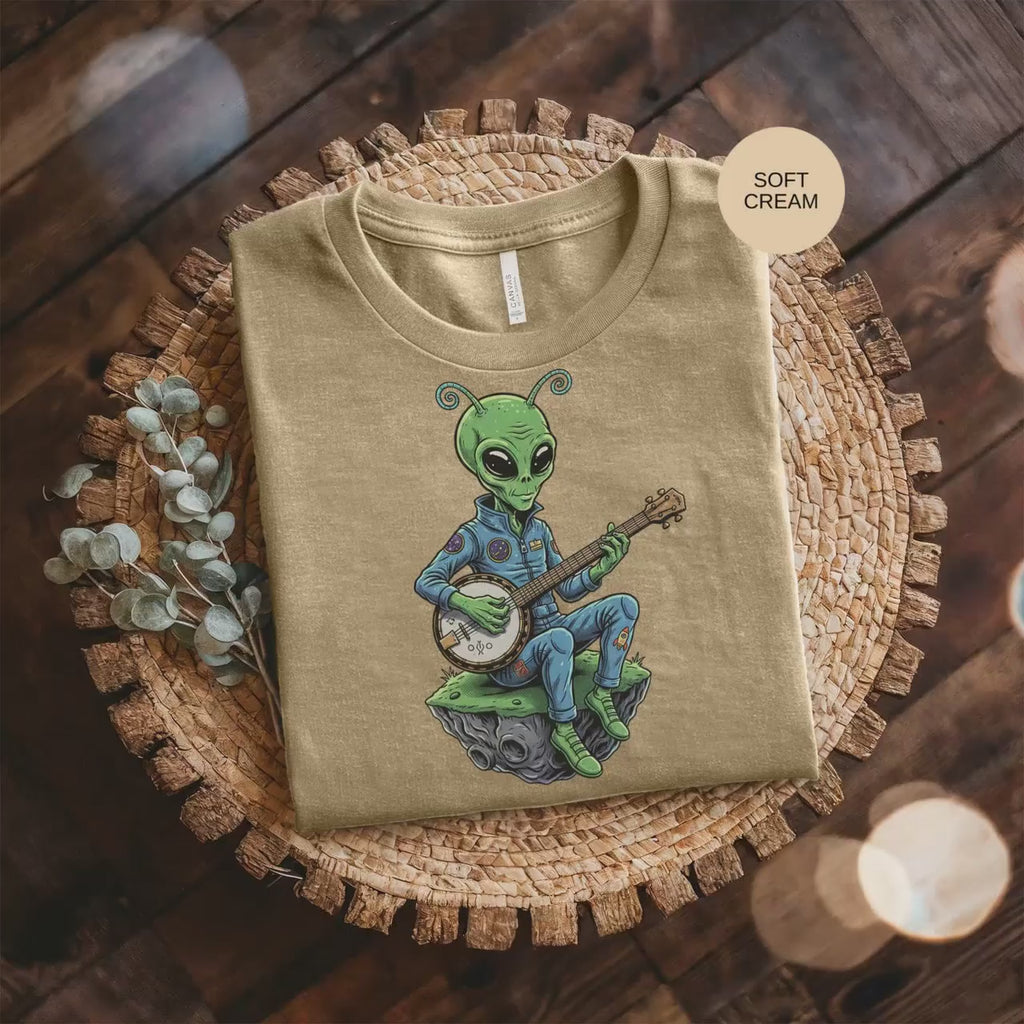 Alien Musician T-Shirt, Banjo Player Tee, Space Lover Gift, Extraterrestrial Art, Funny Graphic Shirt, Quirky Novelty Top, Unique Design